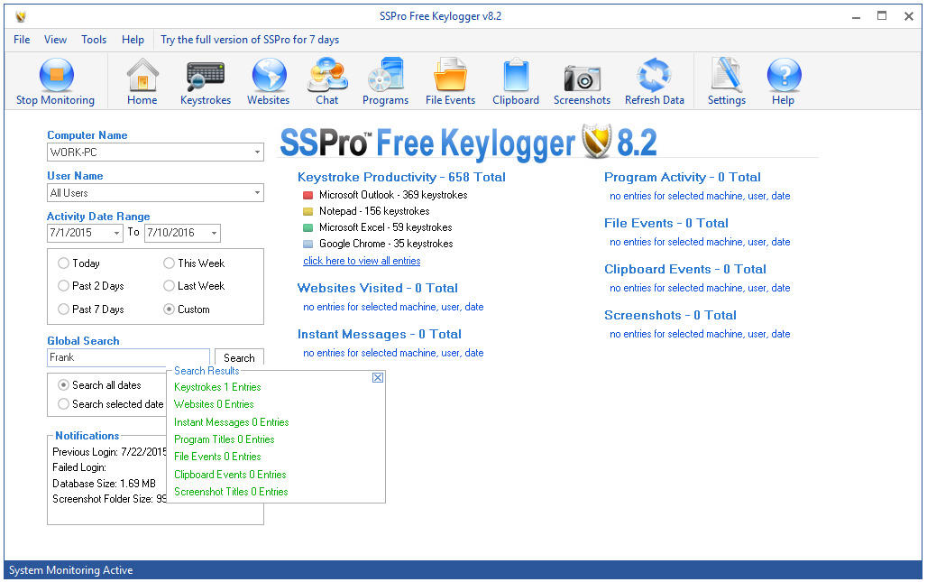 SSPro Free Keylogger Screenshots 1