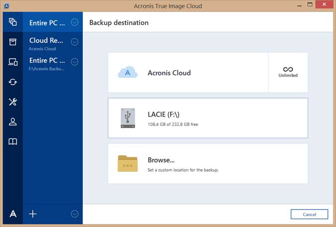 acronis true image 2017 network credentials open location